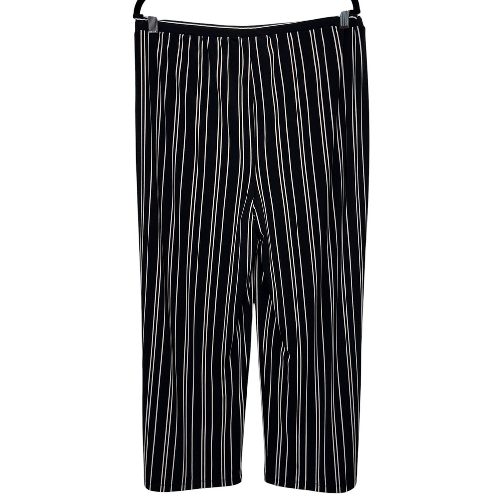 Chico's Travelers Pants 2 12/14 Black White Pinstripe Wide Leg Pullon Travel